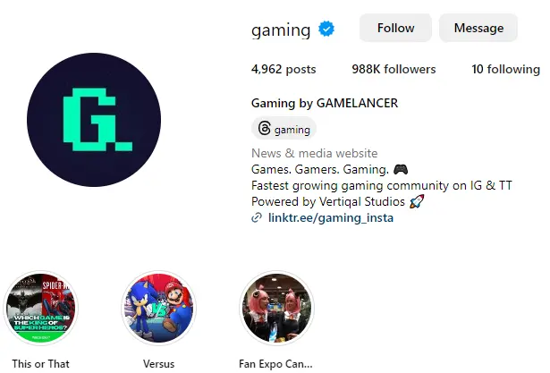 Popular Instagram account that showcase Instagram growth hacks for gamers